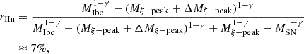 $$ \begin{aligned} r_{\rm IIn}&= \frac{M_{\rm Ibc}^{1-\gamma } - (M_{\rm \xi -peak} + \Delta M_{\rm \xi -peak})^{1-\gamma }}{M_{\rm Ibc}^{1-\gamma } - (M_{\rm \xi -peak} + \Delta M_{\rm \xi -peak})^{1-\gamma } + M_{\rm \xi -peak}^{1-\gamma } - M_{\rm SN}^{1-\gamma }} \nonumber \\&\approx 7\%, \end{aligned} $$
