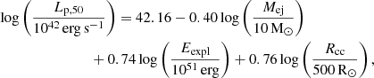 $$ \begin{aligned}&\log \left(\frac{L_{\rm p,50}}{10^{42}\,\mathrm{erg}\,\mathrm{s^{-1}}}\right) = 42.16 - 0.40 \log \left(\frac{M_{\rm ej}}{10\,\mathrm{M}_{\odot }}\right) \nonumber \\&\qquad \qquad \qquad \qquad + 0.74 \log \left(\frac{E_{\rm expl}}{10^{51}\,\mathrm{erg}}\right) + 0.76 \log \left(\frac{R_{\rm cc}}{500\,\mathrm{R}_{\odot }}\right),\end{aligned} $$