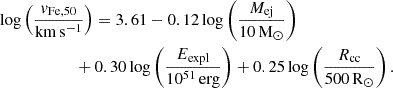 $$ \begin{aligned}&\log \left(\frac{v_{\rm Fe,50}}{\mathrm{km\,s^{-1}}}\right) = 3.61 - 0.12 \log \left(\frac{M_{\rm ej}}{10\,\mathrm{M}_{\odot }}\right) \nonumber \\&\qquad \qquad \qquad + 0.30 \log \left(\frac{E_{\rm expl}}{10^{51}\,\mathrm{erg}}\right) + 0.25 \log \left(\frac{R_{\rm cc}}{500\,\mathrm{R}_{\odot }}\right) . \end{aligned} $$