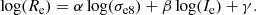 $$ \begin{aligned} \log (R_{\mathrm{e} }) = \alpha \log (\sigma _{\mathrm{e8} }) + \beta \log (I_{\mathrm{e} }) + \gamma . \end{aligned} $$