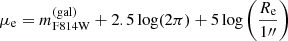 $$ \begin{aligned} \mu _{\mathrm{e} }&= m_{\mathrm{F814W} }^{\mathrm{(gal)} } + 2.5\log (2\pi ) + 5\log \left(\frac{R_{\mathrm{e} }}{{1}{{\prime \prime }}} \right)\end{aligned} $$