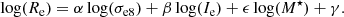 $$ \begin{aligned} \log (R_{\mathrm{e} }) = \alpha \log (\sigma _{\mathrm{e8} }) + \beta \log (I_{\mathrm{e} }) + \epsilon \log (M^\star ) + \gamma . \end{aligned} $$