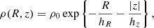 $$ \begin{aligned} \rho (R,z)=\rho _0\exp \left\{ -\frac{R}{h_R}-\frac{|z|}{h_z}\right\} , \end{aligned} $$