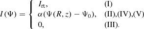 $$ \begin{aligned} I(\Psi ) = {\left\{ \begin{array}{ll} I_{\rm rt},&\text{(I)} \\ \alpha (\Psi (R,z)-\Psi _0),&\text{(II),(IV),(V)} \\ 0,&\text{(III)}. \end{array}\right.} \end{aligned} $$