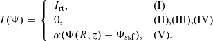 $$ \begin{aligned} I(\Psi ) = {\left\{ \begin{array}{ll} I_{\rm rt},&\text{(I)}\\ 0,&\text{(II),} \text{(III),} \text{(IV)} \\ \alpha (\Psi (R,z)-\Psi _{\rm ssf}),&\text{(V)}. \end{array}\right.} \end{aligned} $$