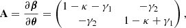 $$ \begin{aligned} \mathbf A = \frac{\partial \boldsymbol{\beta }}{\partial \boldsymbol{\theta }} = \begin{pmatrix} 1-\kappa -\gamma _1&-\gamma _2 \\ -\gamma _2&1-\kappa +\gamma _1 \end{pmatrix}, \end{aligned} $$