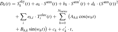 $$ \begin{aligned} D_k(t)&= S^\mathrm{sky}_k(t) + a_k \cdot S^\mathrm{atm}(t) + b_k \cdot S^\mathrm{atm^{\prime }}(t) + d_k \cdot (S^\mathrm{atm}(t))^2 \nonumber \\&\quad + \sum _{i} e_{k,i} \cdot T^\mathrm{elec}_{i}(t) + \sum ^{N_{\rm harms}}_{h = 0} \left(A_{h,k} \cos (w_h t)\right.\nonumber \\&\quad \left. +\,B_{h,k} \sin (w_h t) \right) + c_k + c^{\prime }_{k} \cdot t, \end{aligned} $$