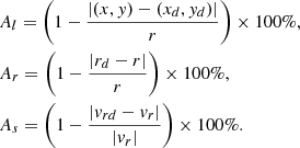 $$ \begin{aligned} \begin{aligned}&A_{l} = \left(1 - \frac{|(x,y)-(x_{d},y_{d})|}{r}\right) \times 100\%, \\&A_{r} = \left(1 - \frac{|r_{d}-r|}{r}\right) \times 100\%, \\&A_{s} = \left(1 - \frac{|v_{rd}-v_{r}|}{|v_{r}|}\right) \times 100\%. \end{aligned} \end{aligned} $$