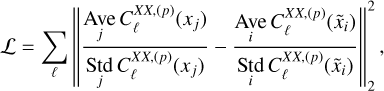 $\mathcal{L}=\sum_{\ell}\left\|\frac{\mathop{\operatorname{Ave}}_j C^{X X,(p)}_{\ell}(x_j)}{\mathop{\operatorname{Std}}_{j} C_{\ell}^{X X,(p)}\left(x_j\right)}-\frac{\mathop{\operatorname{Ave}}_i C_{\ell}^{X X,(p)}\left(\tilde{x}_i\right)}{\mathop{\operatorname{Std}}_{i} C_{\ell}^{X X,(p)}\left(\tilde{x}_i\right)}\right\|_2^2,$
