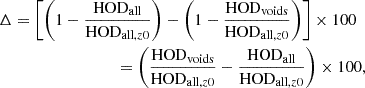 $$ \begin{aligned} \Delta&= \left[\left(1 - \frac{\mathrm{HOD}_{\mathrm{all} }}{\mathrm{HOD}_{\mathrm{all} , z0}}\right) - \left(1 - \frac{\mathrm{HOD}_{\mathrm{voids} }}{\mathrm{HOD}_{\mathrm{all} , z0}}\right)\right] \times 100\nonumber \\&\qquad \qquad \qquad \qquad = \left(\frac{\mathrm{HOD}_{\mathrm{voids} }}{\mathrm{HOD}_{\mathrm{all} , z0}} - \frac{\mathrm{HOD}_{\mathrm{all} }}{\mathrm{HOD}_{\mathrm{all} , z0}}\right) \times 100, \end{aligned} $$