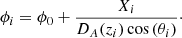 $$ \begin{aligned} \phi _i&= \phi _0 + \frac{X_i}{D_A(z_i) \cos {(\theta _i)}}\cdot \end{aligned} $$