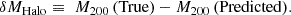 $$ \begin{aligned} \delta M_{\rm Halo} \equiv \,\, M_{200} \, (\mathrm{True}) - M_{200} \, (\mathrm{Predicted}). \end{aligned} $$
