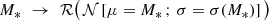 $$ \begin{aligned} M_* \,\, \rightarrow \,\, \mathcal{R} \big (\,\mathcal{N} \,[\mu = M_* \,;\, \sigma = \sigma (M_*)] \, \big ) \end{aligned} $$