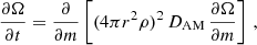 $$ \begin{aligned} \frac{ \partial \Omega }{ \partial t} = \frac{\partial }{\partial m} \left[(4 \pi r^2 \rho )^2 \, D_{\rm AM} \, \frac{\partial \Omega }{\partial m} \right] \, , \end{aligned} $$