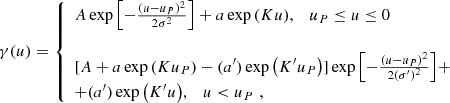 $$ \begin{aligned} \gamma (u) = {\left\{ \begin{array}{ll} A \exp { \left[ - \frac{\left( u - u_P \right)^2 }{2 \sigma ^2} \right] } + a \exp {\left( K u \right) } , \quad u_P \le u \le 0 \\ \\ [A + a \exp {\left( K u_P \right) } - (a^{\prime }) \exp {\left( K^{\prime } u_P \right) }] \exp { \left[ - \frac{\left( u - u_P \right)^2 }{2 (\sigma ^{\prime })^2} \right] } + \\ + (a^{\prime }) \exp {\left( K^{\prime } u \right) }, \quad u < u_P \, \, , \end{array}\right.} \end{aligned} $$