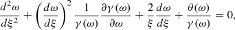 $$ \begin{aligned} \frac{d^2 \omega }{d \xi ^2} + \left( \frac{d \omega }{d \xi } \right)^2 \frac{1}{\gamma (\omega )} \frac{\partial \gamma (\omega )}{\partial \omega } + \frac{2}{\xi } \frac{d \omega }{d \xi } + \frac{\theta (\omega )}{\gamma (\omega )}= 0, \end{aligned} $$