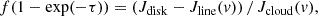 $$ \begin{aligned} f (1-\exp (-\tau )) = (J_\mathrm{disk} - J_\mathrm{line} (v))\, /\, J_\mathrm{cloud} (v) ,\end{aligned} $$