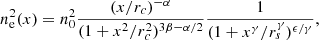 $$ \begin{aligned} n_{\rm e}^2(x) = n_{0}^2\dfrac{(x/r_c)^{-\alpha }}{(1+x^2/r_c^2)^{3\beta -\alpha /2}} \dfrac{1}{(1+x^{\gamma }/r_s^{\gamma })^{\epsilon /\gamma }}, \end{aligned} $$