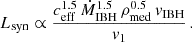$$ \begin{aligned} L_{\rm syn} \propto \frac{c_{\rm eff}^{1.5}\,\dot{M}_{\rm IBH}^{1.5}\,\rho _{\rm med}^{0.5}\,v_{\rm IBH}}{v_1}\,. \end{aligned} $$