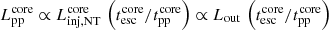 $ L_{\mathrm{pp}}^{\mathrm{core}} \propto L_{\mathrm{inj,NT}}^{\mathrm{core}}\,\left(t_{\mathrm{esc}}^{\mathrm{core}}/t_{\mathrm{pp}}^{\mathrm{core}}\right) \propto L_{\mathrm{out}}\,\left(t_{\mathrm{esc}}^{\mathrm{core}}/t_{\mathrm{pp}}^{\mathrm{core}}\right) $