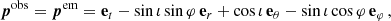 $$ \begin{aligned} \boldsymbol{p}^\mathrm{obs} =\boldsymbol{p}^\mathrm{em} =\mathbf e _t-\sin \iota \sin \varphi \,\mathbf e _r+\cos \iota \,\mathbf e _\theta -\sin \iota \cos \varphi \, \mathbf e _\varphi \,, \end{aligned} $$