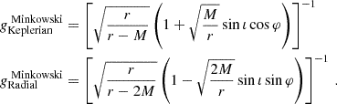 $$ \begin{aligned} \begin{aligned} g^\text{ Minkowski}_\text{Keplerian}&=\left[\sqrt{\frac{r}{r-M}}\left(1+\sqrt{\frac{M}{r}}\sin \iota \cos \varphi \right)\right]^{-1}\\ g^\text{ Minkowski}_\text{Radial}&=\left[\sqrt{\frac{r}{r-2M}}\left(1-\sqrt{\frac{2M}{r}}\sin \iota \sin \varphi \right)\right]^{-1}\,. \end{aligned} \end{aligned} $$