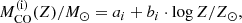 $$ \begin{aligned} M_\mathrm{CO} ^\mathrm{(i)} (Z)/M_\odot = a_i + b_i \cdot \log Z/Z_\odot ,\end{aligned} $$