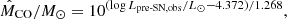 $$ \begin{aligned} \hat{M}_\mathrm{CO} /M_\odot = 10^{(\log L_\text{pre-SN,obs}/L_\odot -4.372)/1.268}, \end{aligned} $$