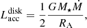 $$ \begin{aligned} L_{\rm acc}^\mathrm{disk} = \frac{1}{2}\frac{GM_{\star }\dot{M}}{R_{\rm A}}, \end{aligned} $$
