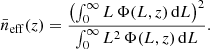 $$ \begin{aligned} \bar{n}_{\rm eff}(z)=\frac{\left(\int _0^\infty L \, \Phi (L,z) \,{\mathrm{d} }L\right)^2}{\int _0^\infty L^2 \, \Phi (L,z) \,{\mathrm{d} }L}. \end{aligned} $$