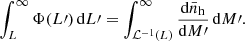 $$ \begin{aligned} \int _{L}^{\infty } \Phi (L\prime ) \, {\mathrm{d} } L\prime = \int _{\mathcal{L} ^{-1}(L)}^{\infty } \frac{{\mathrm{d} } \bar{n}_{\rm h}}{{\mathrm{d} } M\prime } \, {\mathrm{d} } M\prime . \end{aligned} $$