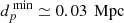 $ d^{\text{ min}}_{p}\simeq 0.03\, \text{ Mpc} $