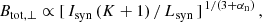 $$ \begin{aligned} B_\mathrm {tot,\perp} \propto [\, I_\mathrm{syn} \, (K + 1) \, / \, L_\mathrm{syn} \,]^{\, 1/(3 + {\alpha _{\rm n}})}\, , \end{aligned} $$