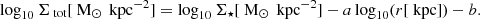 $$ \begin{aligned} \log _{10} \Sigma _\text{ tot}[\text{ M}_\odot \,\text{ kpc}^{-2} ] = \log _{10} \Sigma _\star [\text{ M}_\odot \,\text{ kpc}^{-2}] - a \log _{10} (r [\text{ kpc}]) - b . \end{aligned} $$