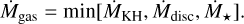 $\[\dot{M}_{\mathrm{gas}}=\min[\dot{M}_{\mathrm{KH}}, \dot{M}_{\mathrm{disc}}, \dot{M}_{\star}].\]$
