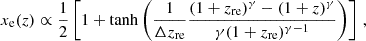 $$ \begin{aligned} x_{\rm e}(z) \propto \frac{1}{2} \left[ 1 + \tanh \left(\frac{1}{\Delta z_{\rm re}} \frac{(1+z_{\rm re})^\gamma - (1+z)^\gamma }{\gamma (1+z_{\rm re})^{\gamma -1}} \right) \right] \, , \end{aligned} $$