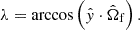 $$ \begin{aligned} \lambda = \arccos \left(\hat{y}\cdot \hat{\Omega }_{\mathrm{f} } \right). \end{aligned} $$