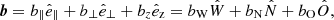$$ \begin{aligned} \boldsymbol{b}=b_\parallel \hat{e}_\parallel + b_\perp \hat{e}_\perp + b_z \hat{e}_\mathrm{z} = b_\mathrm{W} \hat{W} + b_\mathrm{N} \hat{N} + b_\mathrm{O} \hat{O}, \end{aligned} $$