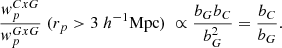 $$ \begin{aligned} \frac{{ w}^{CxG}_p}{{ w}^{GxG}_p}\; (r_p>3\; h^{-1} \mathrm{Mpc} )\; \propto \frac{b_{G}b_{C}}{b^2_{G}}=\frac{b_{C}}{b_{G}}. \end{aligned} $$