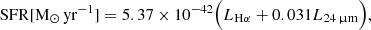 $$ \begin{aligned} \mathrm{SFR}[\mathrm{M}_\odot \,\mathrm{yr}^{-1} ] = 5.37\times 10^{-42} \Bigl ( L_{\rm H\alpha } + 0.031 L_{24\,{\upmu }\mathrm{m}} \Bigr ), \end{aligned} $$