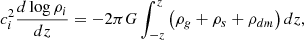 $$ \begin{aligned} c_i^2{{d\log \rho _i}\over {dz}}=-2\pi G\int _{-z}^{z}\left(\rho _g+\rho _s+\rho _{dm}\right)dz ,\end{aligned} $$
