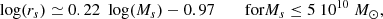 $$ \begin{aligned} {\text{ log}}(r_s) \simeq 0.22\ {\text{ log}}(M_s) -0.97 \qquad {\text{ for} } M_s \le 5\ 10^{10}~M_\odot ,\end{aligned} $$