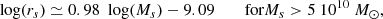 $$ \begin{aligned} {\text{ log}}(r_s) \simeq 0.98\ {\text{ log}}(M_s) -9.09 \qquad {\text{ for} } M_s > 5\ 10^{10}~M_\odot ,\end{aligned} $$