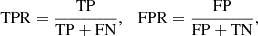 $$ \begin{aligned} \mathrm{TPR} = \frac{\mathrm{TP} }{\mathrm{TP} + \mathrm{FN} }, \quad \mathrm{FPR} = \frac{\mathrm{FP} }{\mathrm{FP} + \mathrm{TN} } , \end{aligned} $$