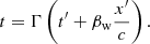 $$ \begin{aligned} t = \Gamma \left(t^{\prime }+\beta _{\mathrm{w} }\frac{x^{\prime }}{c}\right). \end{aligned} $$