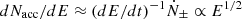 $ dN_{\mathrm{acc}}/dE\approx (dE/dt)^{-1}\dot{N}_{\pm}\propto E^{1/2} $