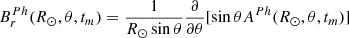 $$ \begin{aligned} B^{Ph}_r(R_{\odot },\theta ,t_{m})=\dfrac{1}{R_{\odot } \sin \theta } \dfrac{\partial }{\partial \theta } [\sin \theta A^{Ph}(R_{\odot },\theta ,t_{m})] \end{aligned} $$