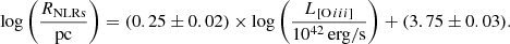 $$ \begin{aligned} \log \left(\frac{R_{\rm NLRs}}{\mathrm{pc}}\right) = (0.25 \pm 0.02) \times \log \left(\frac{L_{[\mathrm{O}\,iii ]}}{10^{42}\,\mathrm{erg/s}}\right) + (3.75 \pm 0.03). \end{aligned} $$
