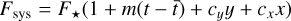 $F_{\rm sys} = F_\star (1 + Ae^{-(t - t_0)/\tau} + m(t - \bar{t}) + c_yy + c_xx)$