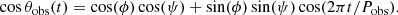 $$ \begin{aligned} \cos \theta _{\rm obs}(t) =\cos (\phi )\cos (\psi )+\sin (\phi )\sin (\psi )\cos (2\pi t/P_{\rm obs}). \end{aligned} $$